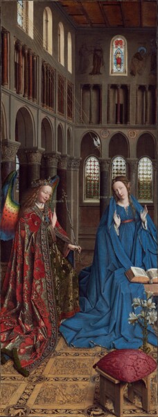 Malerei mit dem Titel "L'Annonciation" von Jan Van Eyck, Original-Kunstwerk, Öl