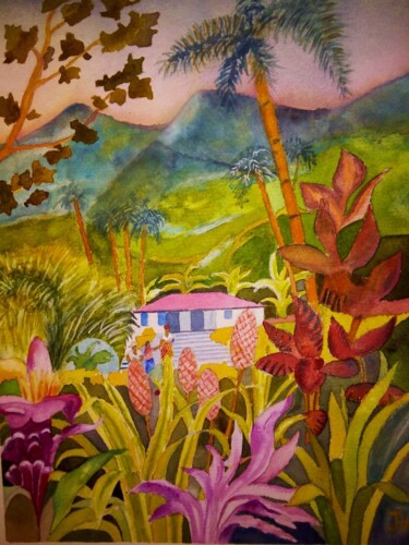 Peinture intitulée "jardin revu de  Bal…" par Jan, Œuvre d'art originale, Aquarelle