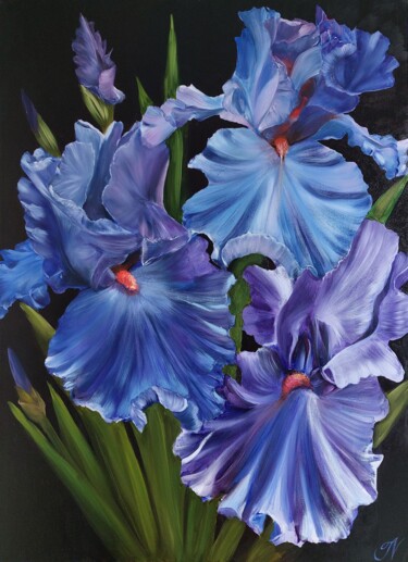 Painting titled "The Irises" by Janar Nuri, Original Artwork, Oil Mounted on Wood Stretcher frame