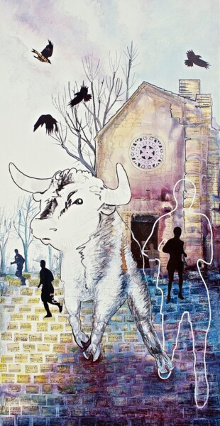 Pintura intitulada "Bull Running- Tourb…" por Jane Appleton, Obras de arte originais, Acrílico
