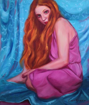 Painting titled "Redhead girl on tur…" by Jane Lantsman, Original Artwork, Oil