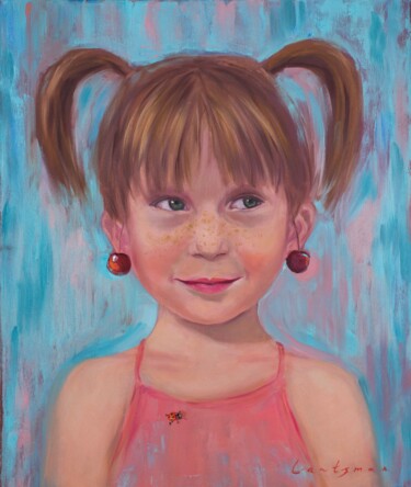 Painting titled "Girl with ponytails…" by Jane Lantsman, Original Artwork, Oil