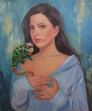 Peinture intitulée "Girl with iguana po…" par Jane Lantsman, Œuvre d'art originale, Huile