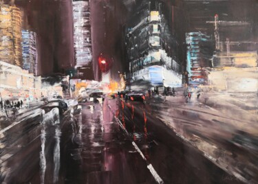 Ζωγραφική με τίτλο "Night city life lan…" από Jane Lantsman, Αυθεντικά έργα τέχνης, Λάδι