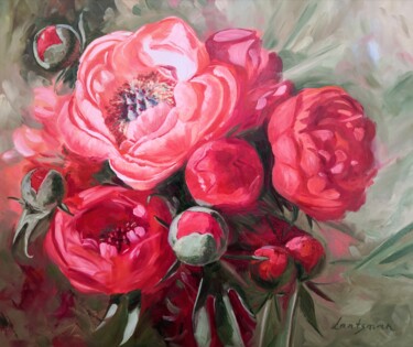 Painting titled "Pink peonies bouquet" by Jane Lantsman, Original Artwork, Oil