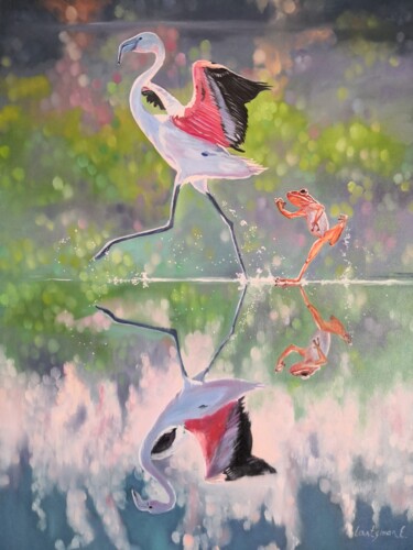 Malarstwo zatytułowany „Pink flamingo and f…” autorstwa Jane Lantsman, Oryginalna praca, Olej