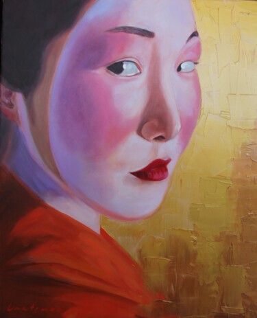 Painting titled "Geisha portrait on…" by Jane Lantsman, Original Artwork, Oil