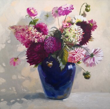 Flowers Bouquet in a blue glass vase still life Malerei mit dem Titel "Flowers Bouquet in…" von Jane Lantsman, Original-Kunstwerk, Öl