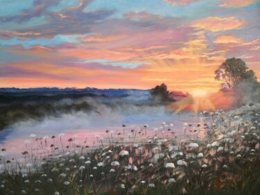 Misty morning fog over the river and sunrise landscape Peinture intitulée "Misty morning fog o…" par Jane Lantsman, Œuvre d'art originale, Huile