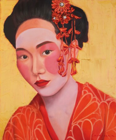 Peinture intitulée "Geisha on gold back…" par Jane Lantsman, Œuvre d'art originale, Huile
