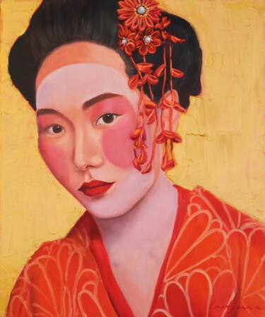 Geisha on gold background portrait number 3 Peinture intitulée "Geisha on gold back…" par Jane Lantsman, Œuvre d'art originale, Huile