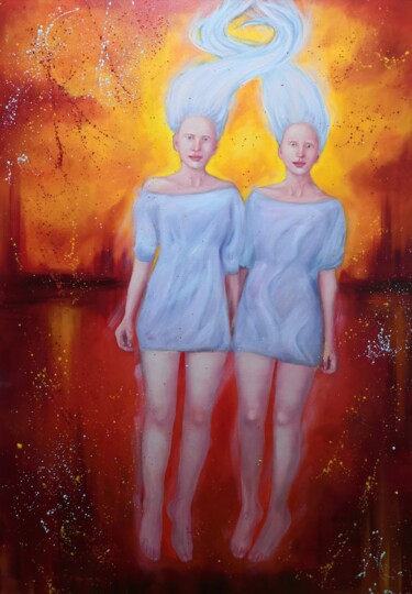 Painting titled "Sister bonding 2" by Jane Lantsman, Original Artwork, Oil
