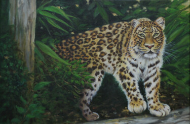 Schilderij getiteld "Forest Leopard" door Jane Moore, Origineel Kunstwerk, Olie