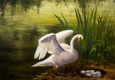 Painting titled "The Swan's Secret" by Jane Moore, Original Artwork, Oil Mounted on Wood Stretcher frame