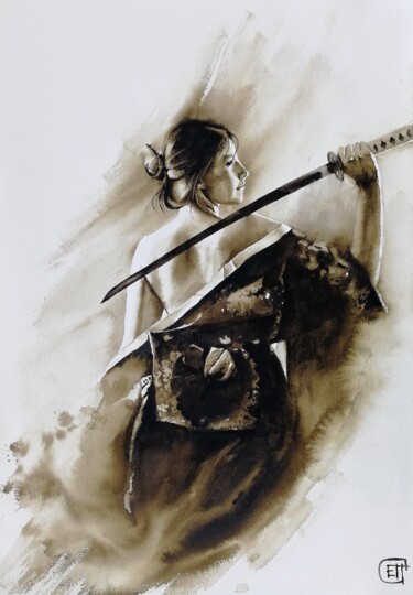 Картина под названием ""Girl with katana"…" - Jane Skuratova, Подлинное произведение искусства, Акварель