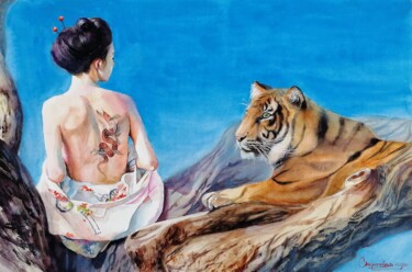 Malerei mit dem Titel "Geisha and the Tige…" von Jane Skuratova, Original-Kunstwerk, Aquarell