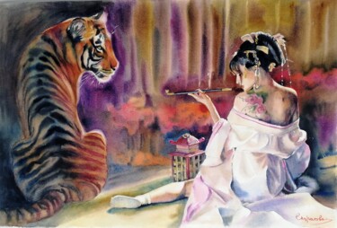 Painting titled ""A tiger and a Geis…" by Jane Skuratova, Original Artwork, Watercolor