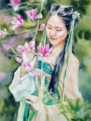 Painting titled ""The girl with the…" by Jane Skuratova, Original Artwork, Watercolor