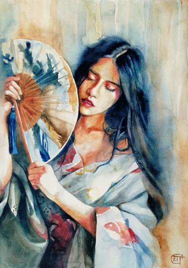 Painting titled ""Geisha with a fan"…" by Jane Skuratova, Original Artwork, Watercolor