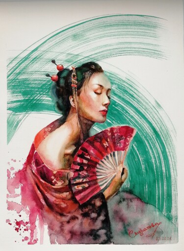 Painting titled "Geisha in red with…" by Jane Skuratova, Original Artwork, Watercolor