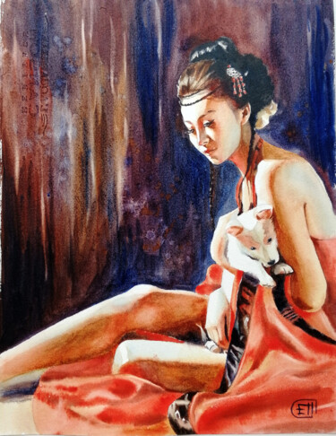 Painting titled "Girl with a puppy" by Jane Skuratova, Original Artwork, Watercolor