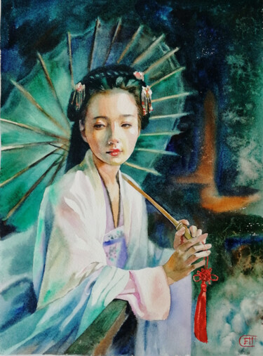 Painting titled ""Geisha with an umb…" by Jane Skuratova, Original Artwork, Watercolor