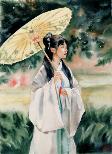 Schilderij getiteld ""Geisha in the Gard…" door Jane Skuratova, Origineel Kunstwerk, Aquarel