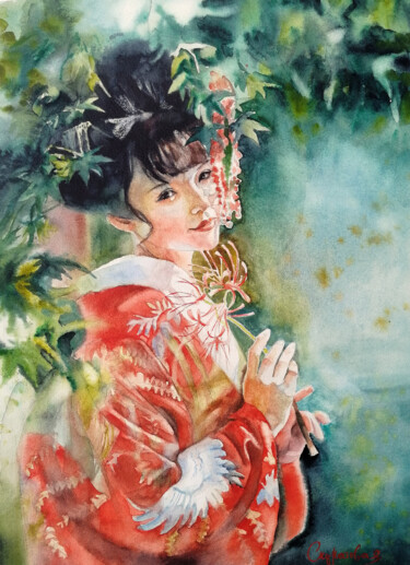 Malerei mit dem Titel ""Girl in the Garden"" von Jane Skuratova, Original-Kunstwerk, Aquarell