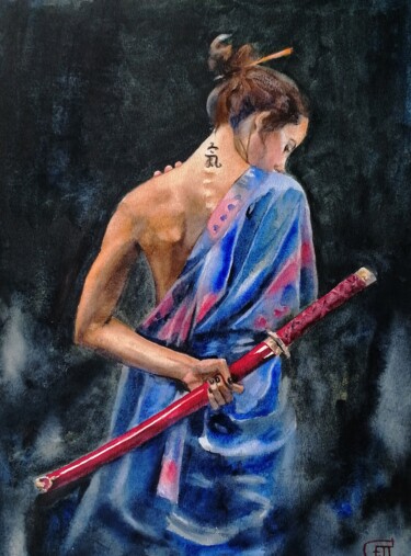 Painting titled "Geisha with a katana" by Jane Skuratova, Original Artwork, Watercolor