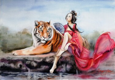 Painting titled "Geisha with a tiger" by Jane Skuratova, Original Artwork, Watercolor