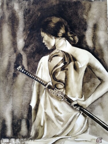 Painting titled ""Girl with a tattoo…" by Jane Skuratova, Original Artwork, Watercolor