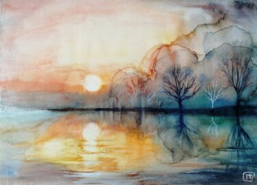 Painting titled ""Sunset Lake landsc…" by Jane Skuratova, Original Artwork, Watercolor