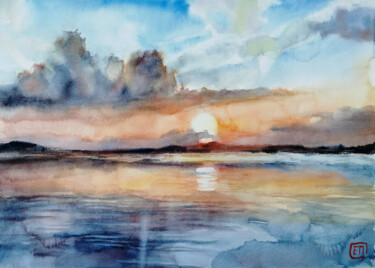 Peinture intitulée ""Sunset on the Sea"…" par Jane Skuratova, Œuvre d'art originale, Aquarelle