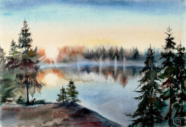 Malerei mit dem Titel ""Sunset Lake in a P…" von Jane Skuratova, Original-Kunstwerk, Aquarell