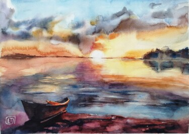 Pintura titulada ""Sunset on the lake…" por Jane Skuratova, Obra de arte original, Acuarela