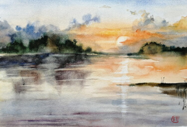 Malerei mit dem Titel ""Misty Lake at Suns…" von Jane Skuratova, Original-Kunstwerk, Aquarell