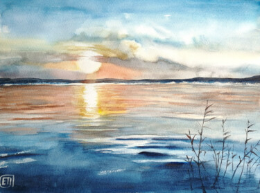 Painting titled ""Sunset on blue lak…" by Jane Skuratova, Original Artwork, Watercolor