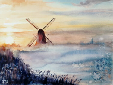 Painting titled ""Mill in the Mist"…" by Jane Skuratova, Original Artwork, Watercolor