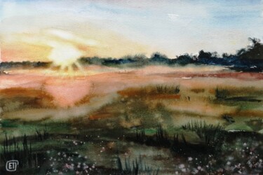 Painting titled ""Field at sunset" o…" by Jane Skuratova, Original Artwork, Watercolor