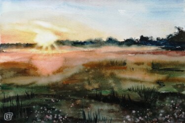 Malerei mit dem Titel ""Field at sunset" o…" von Jane Skuratova, Original-Kunstwerk, Aquarell