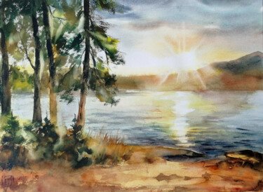Картина под названием ""Pines at sunset" o…" - Jane Skuratova, Подлинное произведение искусства, Акварель