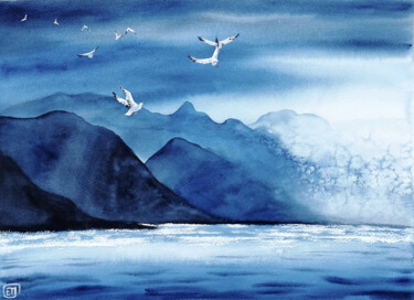 Malerei mit dem Titel ""Blue Skies"" von Jane Skuratova, Original-Kunstwerk, Aquarell