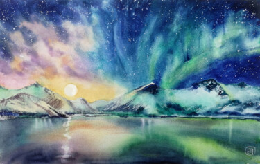 Malerei mit dem Titel ""Northern Lights at…" von Jane Skuratova, Original-Kunstwerk, Aquarell