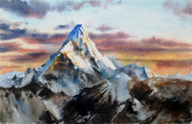 Schilderij getiteld ""Everest at sunset"…" door Jane Skuratova, Origineel Kunstwerk, Aquarel