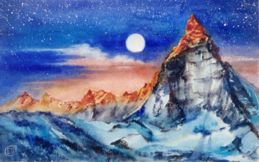 Peinture intitulée ""Mountain and Moon"…" par Jane Skuratova, Œuvre d'art originale, Aquarelle