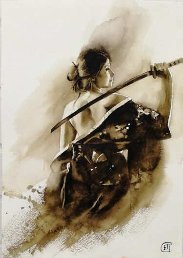 Painting titled ""Girl with katana"…" by Jane Skuratova, Original Artwork, Watercolor