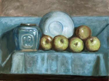 Schilderij getiteld "Apples, Ginger Pot,…" door Jane Wong, Origineel Kunstwerk, Olie