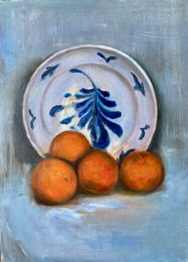 Painting titled "Still Life with Ora…" by Jane Wong, Original Artwork, Oil Mounted on Cardboard