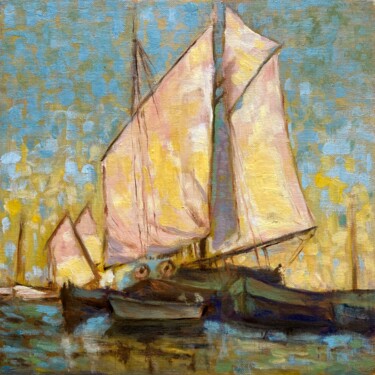 Pintura intitulada "Drying Sails, Chiog…" por Jane Wong, Obras de arte originais, Óleo Montado em Outro painel rígido