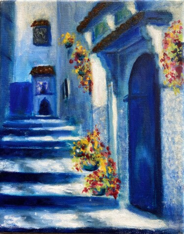 Pintura titulada "Blue City Door" por Jane Wong, Obra de arte original, Oleo